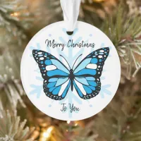 Blue Butterfly on a Snowflake Christmas Ornament