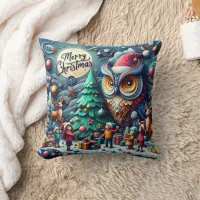 Christmas gathering under a whimsical owl throw pillow