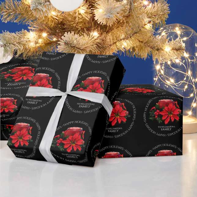 Festive Red Christmas Candle, Holly and Poinsettia Wrapping Paper