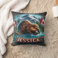 Canadian Beaver Building a Lodge in Water Throw Pillow