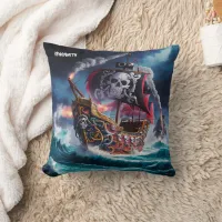 Pirate Ship Sailing Through Stormy Seas at Dusk Throw Pillow