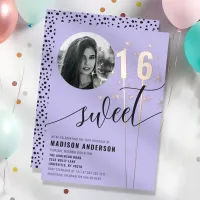 Thumbnail for Violet Purple Sparkler Sweet 16 Birthday Photo Foil Invitation