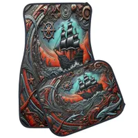 Vibrant Ocean Journey With Ship & Sea Life Car Floor Mat