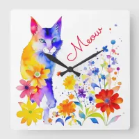  Watercolor Cat and Flowers Meow Square Wall Clock