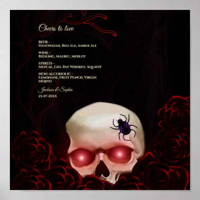 Floral dark moody gothic skull drinks menu sign