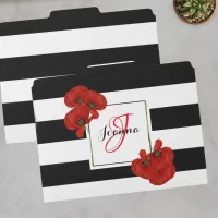 Red Poppies on Black and White Striped Background File Folder