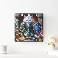 Brave Cat Warrior in Fantasy Armor by Castle Square Wall Clock