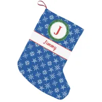 Wreath Monogram Your Name Blue & White Snowflakes Small Christmas Stocking