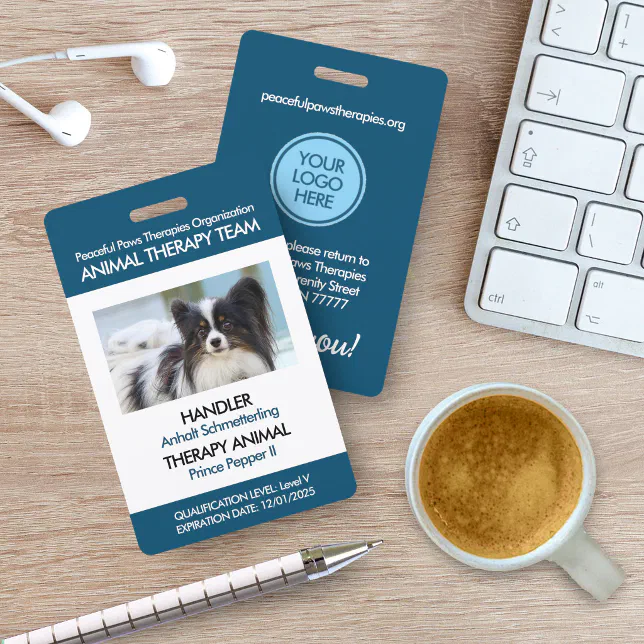 Blue Therapy Animal Custom Photo ID Badge