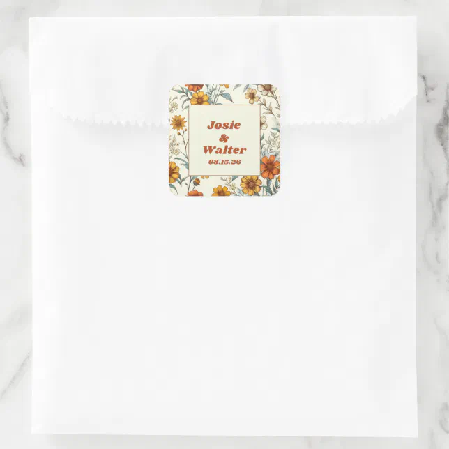 Vintage Floral 70s Inspired Timeless Wedding Square Sticker