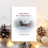 Snow Covered Red Barn and Silo Happy Holidays      Holiday Card