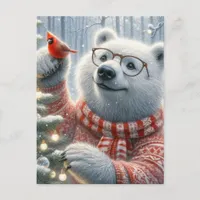 Adorable Christmas Polar Bear and Cardinal Tree Postcard