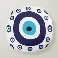 Mediterranean Navy Aqua Blue Nazar Lucky Evil Eye Round Pillow