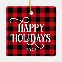 Happy Holidays Red Buffalo Plaid Family Photo Ceramic Ornament