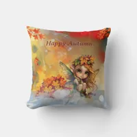 Cute Autumn Fairy with Fallen Leaves Throw Pillow