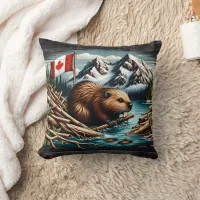 Canadian Beaver With Flag by Mountain River Throw Pillow