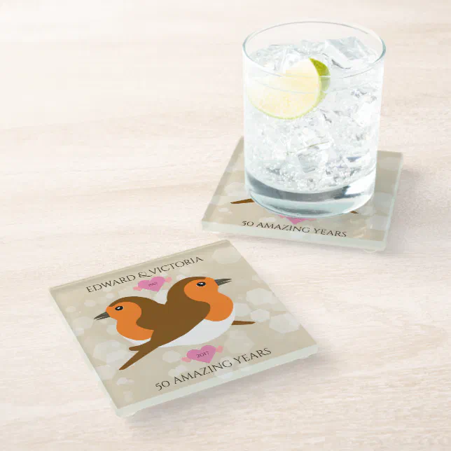 European Robins Lovebirds Any Year Anniversary Glass Coaster