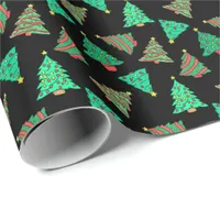 Cute Christmas Trees Patterned Black Wrapping Paper