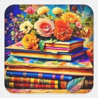 Pile of Vintage Books and Flowers Square Sticker