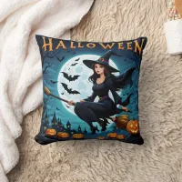 Witch soaring on Halloween night Throw Pillow