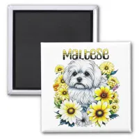 Maltese Small :White Dog Bree in Yellow Flowers Magnet