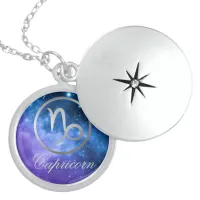 Grey Zodiac Capricorn & sign on blue galaxy | Locket Necklace