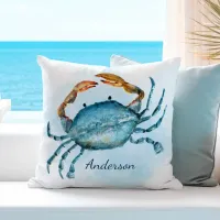 Watercolor Blue Crab Coastal Throw Pillow