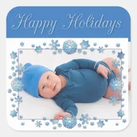 Happy Holidays Baby Photo Blue Snowflake Sticker