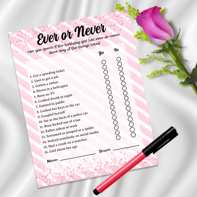 Ever or Never Pink Cocktail Birthday Game