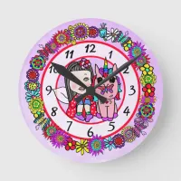 Unicorn and Fairy Whimsical Folk Art Girl's Round Clock