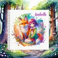 Pretty Watercolor Anime Girl and Fox Birthday Notebook