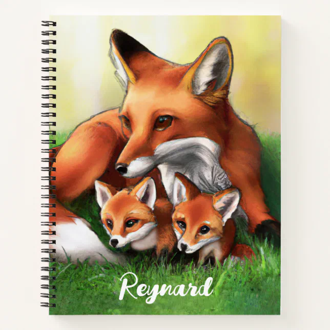 Red Fox Mother and Kits in the Grass Notebook