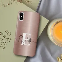 Girly Rose Gold Brushed Metal Chic White Monogram iPhone X Case