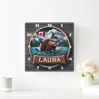 Beaver on a Wooded Lake With Canadian Flag Square Wall Clock