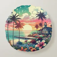 Pretty Pink and Turquoise Coastal  Round Pillow