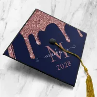 Navy Blue Girly Rose Gold Glitter Drips Monogram Graduation Cap Topper