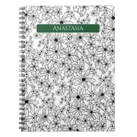 Hand Drawn Floral White Black Pattern & Green Name Notebook