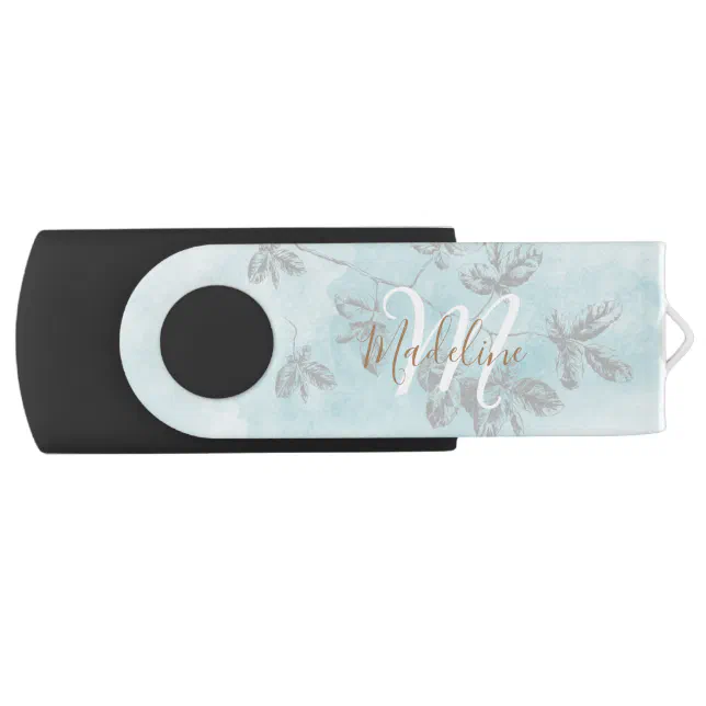 Watercolor Botanical Leaves Foliage Blue Monogram Flash Drive