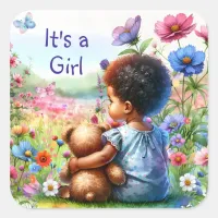 Baby Girl with Teddy Bear Baby Shower It's a Girl Square Sticker
