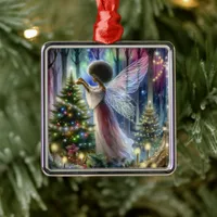 Pretty Fairy Decorating the Christmas Tree  Metal Ornament