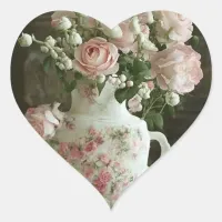 Pretty Pink Roses in Vintage Antique China Teapot Heart Sticker