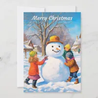 Building Snowman Winter Snow Scene Merry Christmas Holiday Card