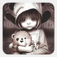 Creepy Child with Scratched up Teddy Bear Square Sticker