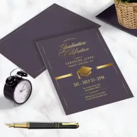 Gold Cap Graduation Eggplant ID834 Invitation