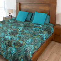 Gold Glitter Teal Rose Glam Flower Pattern Duvet Cover