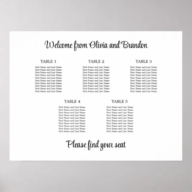 Stylish 5 Table Wedding Seating Chart Poster