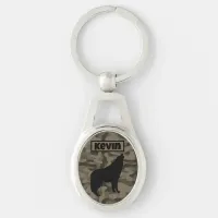 Modern Brown Camo Black Wolf Silhouette Monogram | Keychain