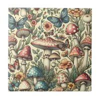 Vintage Mushrooms, Flowers, Butterflies Whimsical Ceramic Tile