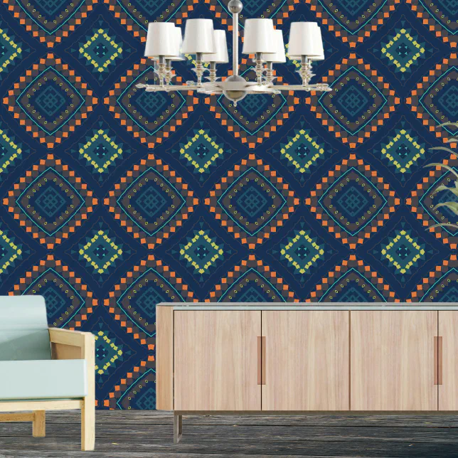 Ethnic Aztec Navy Blue Orange Green Teal Geometric Wallpaper