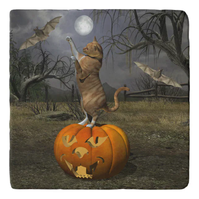 Cute Halloween Orange Cat Batting Bats Trivet